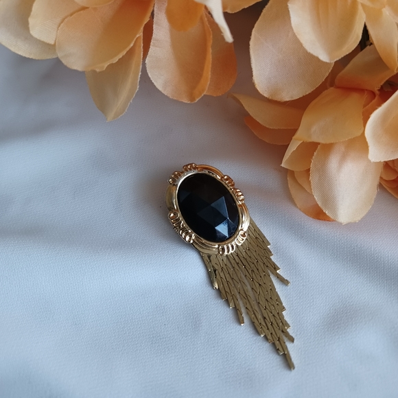 Vintage 80's Black and Gold Tassel Brooch - Picture 4 of 8